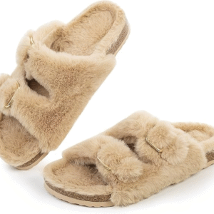 FITORY Womens Open Toe Slipper with Cozy Lining,Faux Rabbit Fur Cork Slide Sandals Size 6-11